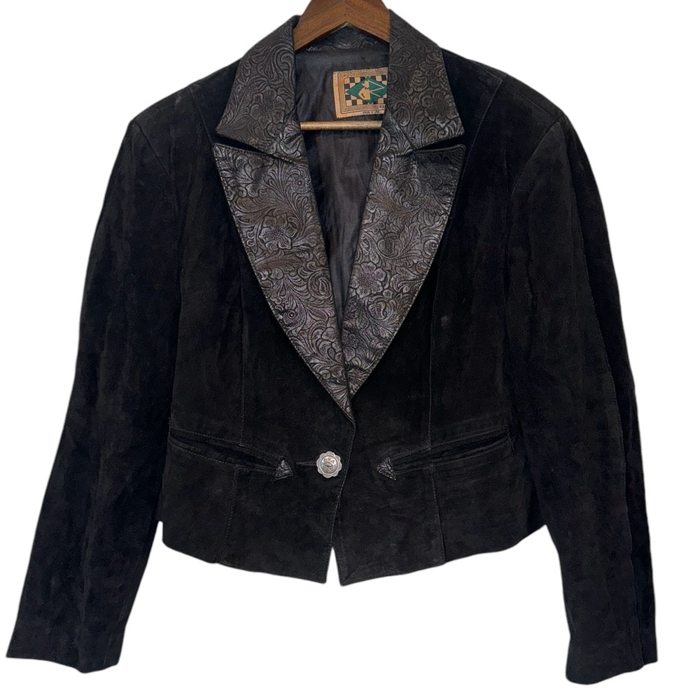 VTG 80s Rode Black Paisley Suede Leather Cropped Jacket